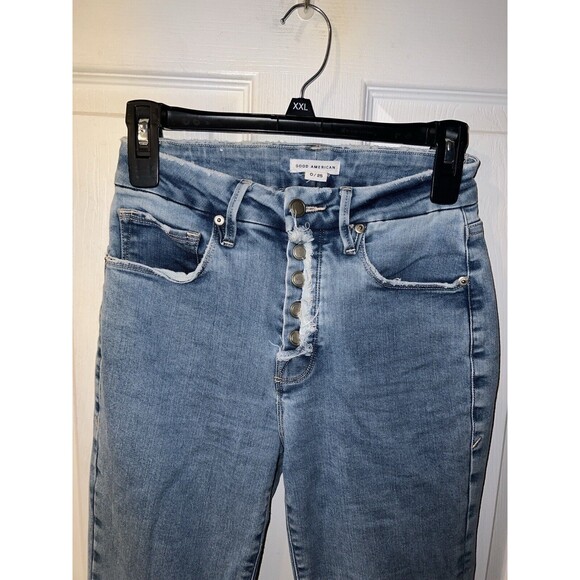 Good American GOOD FLARE Jeans Womens Sz 0/25 Raw Exposed Button Front Lightwash - Picture 3 of 9
